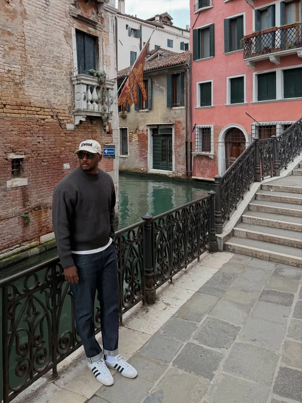 Mon Moore on a canal bridge in Venice